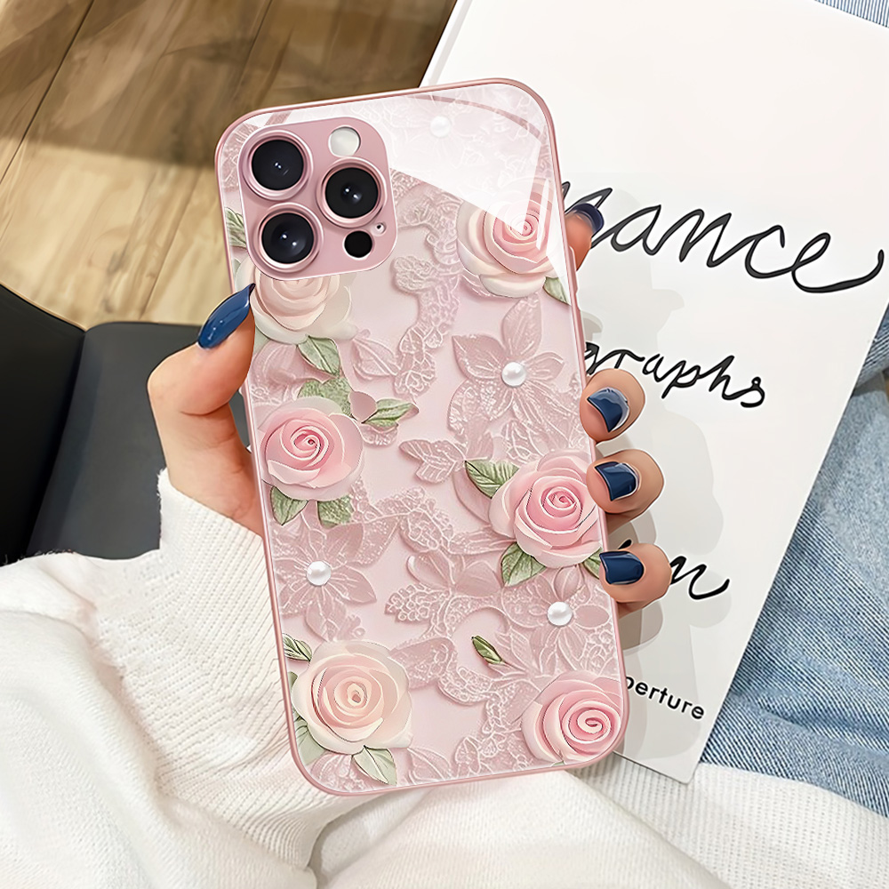 Phone Cases Pink - Casing Ponsel Kaca Tempered Bunga Merah